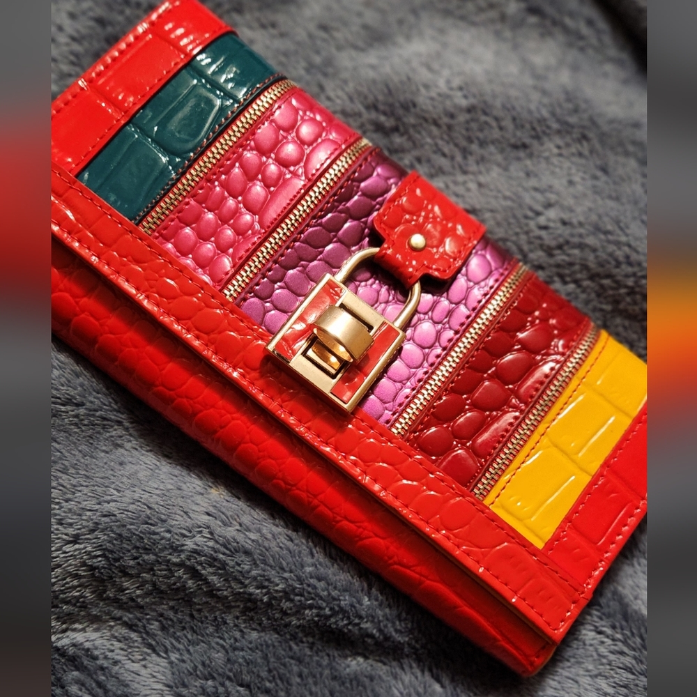 Red leather  wallet with muti color front